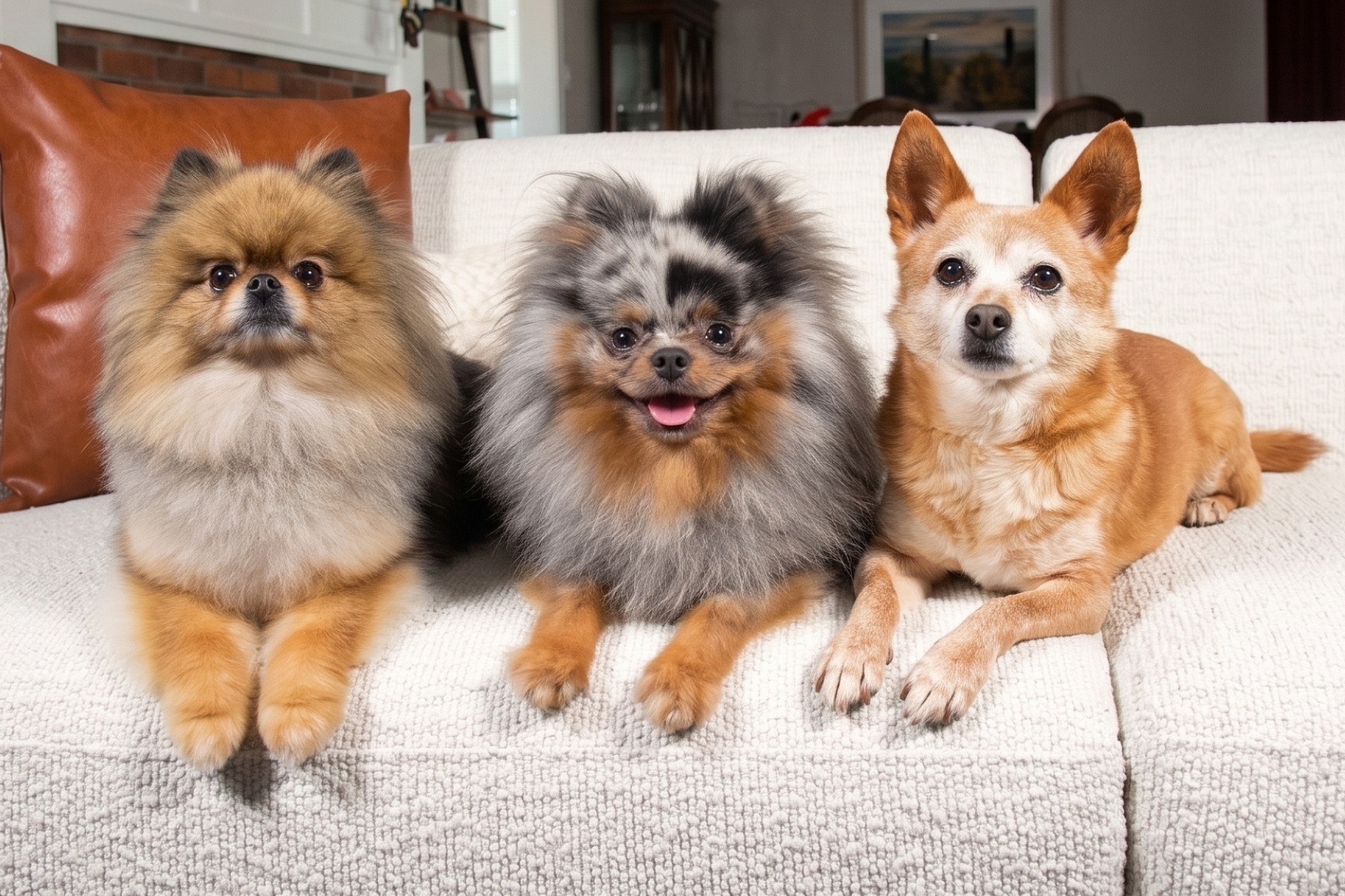 Three Pomeranians at three coat stages on one couch: a puppy growing in an adult coat, a full adult double coat, and a senior coat
